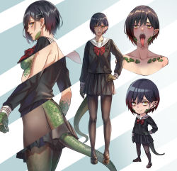 Rule 34 | 1girl, absurdres, ass, bags under eyes, black hair, black pantyhose, black serafuku, black skirt, breasts, character sheet, female focus, forked tongue, highres, lizard tail, loafers, monster girl, open mouth, original, pantyhose, pleated skirt, pointy ears, school uniform, serafuku, shoes, short hair, sideways glance, skirt, slit pupils, smile, solo, tail, tight (ohmygod), tongue, tongue out, underboob, x-ray, yellow eyes