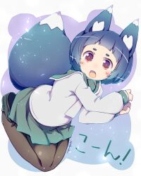 Rule 34 | 1girl, animal ears, black footwear, black hair, blush stickers, brown pantyhose, commentary, fox ears, fox girl, fox tail, full body, green sailor collar, green skirt, highres, loafers, long sleeves, open mouth, original, pantyhose, pleated skirt, puffy long sleeves, puffy sleeves, red eyes, sailor collar, shirt, shoes, short eyebrows, short hair, skirt, sleeves past wrists, solo, symbol-only commentary, tail, thick eyebrows, translation request, white shirt, yoshi (crossmind)