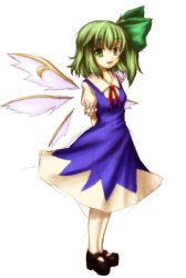 Rule 34 | 1girl, :d, arms behind back, bow, cirno, cirno (cosplay), cosplay, daiyousei, detached wings, fairy wings, fusion, green eyes, green hair, hair bow, matching hair/eyes, multiple wings, open mouth, simple background, smile, solo, touhou, white background, wings, yuran (kuen-hien)