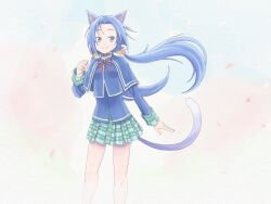 Rule 34 | 1girl, animal ears, blue hair, breasts, cat ears, closed mouth, flower, green eyes, hair flower, hair ornament, highres, kaien advance, long hair, looking at viewer, low twintails, meracle chamlotte, pleated skirt, skirt, small breasts, smile, solo, star ocean, star ocean anamnesis, star ocean the last hope, tail, twintails, wind