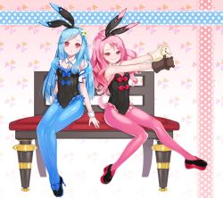 Rule 34 | 2girls, anais del caril, animal ears, bench, benya (tales weaver), between breasts, blue bow, blue hair, bow, breasts, detached collar, diamond (shape), fake animal ears, floral background, flower, frills, gem (symbol), hair flower, hair ornament, hand puppet, heart, high heels, leecheie, leotard, long hair, looking at viewer, matching outfits, multiple girls, pantyhose, pink hair, pink legwear, playboy bunny, polka dot, ponytail, puppet, rabbit ears, rabbit tail, red bow, red eyes, see-through, sitting, sleeveless, small breasts, smile, stuffed animal, stuffed toy, swept bangs, tail, tales weaver, teddy bear, very long hair, wavy hair, white flower, wrist cuffs