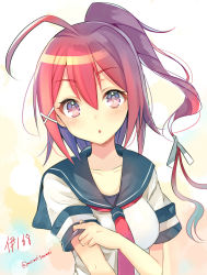 Rule 34 | 10s, 1girl, ahoge, blush, breasts, character name, collarbone, hair ornament, hair ribbon, highres, i-168 (kancolle), kantai collection, long hair, looking at viewer, nan (jyomyon), neckerchief, open mouth, pink eyes, ponytail, red hair, ribbon, school uniform, serafuku, short sleeves, simple background, solo, swimsuit, swimsuit under clothes, twitter username, x hair ornament