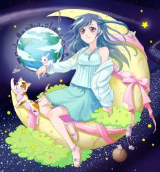 Rule 34 | 1girl, blue hair, cat, earth (planet), jacket, long hair, moon, mouse (animal), original, planet, rabbit, red eyes, ribbon, sandals, shooting star, sitting, skirt, smile, solo, space, star (symbol)