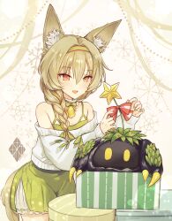 Rule 34 | 1girl, animal ear fluff, animal ears, arknights, bare shoulders, beanstalk (arknights), beanstalk (gift uncompleted) (arknights), bell, blush, braid, brown hair, crab, dress, green dress, green hairband, green ribbon, hair between eyes, hair ornament, hairband, hairclip, highres, hyena ears, large ears, long hair, long sleeves, metal crab (arknights), nanatsuka, neck bell, neck garter, off-shoulder sweater, off shoulder, official alternate costume, open mouth, red eyes, ribbon, single braid, solo, sweater, two-tone nails, white sweater