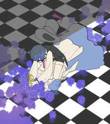 Rule 34 | 1other, ajing073, alice (alice in wonderland), alice (alice in wonderland) (cosplay), apron, black vest, blue dress, blue hair, bowl cut, checkered floor, cosplay, dissolving, dress, facing down, from above, from side, hat, hat loss, hat ribbon, highres, holding, holding scissors, houseki no kuni, kneeling, long sleeves, mad hatter (alice in wonderland), mad hatter (alice in wonderland) (cosplay), necktie, other focus, phosphophyllite, phosphophyllite (ll), puffy long sleeves, puffy short sleeves, puffy sleeves, purple necktie, ribbon, scissors, shirt, short hair, short sleeves, solo, stab, thighhighs, top hat, unworn hat, unworn headwear, vest, white apron, white hat, white shirt, white thighhighs