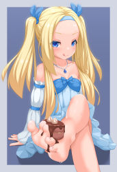 Rule 34 | 1girl, barefoot, blonde hair, blue eyes, blush, cake, crossed legs, feet, food, hairband, highres, jewelry, licking lips, long hair, looking at viewer, necklace, sitting, smile, soles, sweat, sweets, toes, tongue, tongue out, twintails, zoquqot