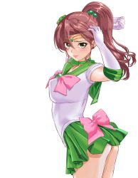 Rule 34 | 1girl, absurdres, arion canvas, armpits, arms up, ass, bishoujo senshi sailor moon, blush, breasts, brown hair, choker, closed mouth, cowboy shot, earrings, female focus, floating hair, gloves, green eyes, green skirt, high ponytail, highres, jewelry, kino makoto, legs, leotard, long hair, looking at viewer, medium breasts, ponytail, sailor jupiter, skirt, smile, solo, standing, thighs, tiara, transparent background