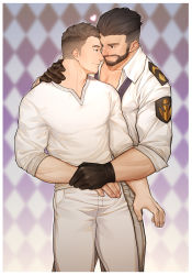 Rule 34 | 2boys, absurdres, bara, black hair, commission, couple, cropped legs, dungeon and fighter, eye contact, facial hair, holding hands, highres, interracial, light brown hair, looking at another, male focus, male priest (dungeon and fighter), multiple boys, muscular, muscular male, original, pants, pectorals, peterhl, shirt, short hair, sideburns, smile, stubble, thighs, white pants, white shirt, yaoi