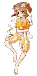 Rule 34 | 1girl, alphes (style), animal ears, bandaid, barefoot, blonde hair, dairi, dango, flat cap, floppy ears, food, frown, full body, hand on own arm, hat, holding, holding food, jitome, looking at viewer, midriff, navel, orange shirt, parody, rabbit ears, red eyes, ringo (touhou), shirt, short hair, short sleeves, shorts, skewer, solo, style parody, tachi-e, tears, torn clothes, touhou, transparent background, wagashi, yellow shirt