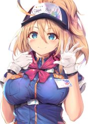 Rule 34 | 1girl, ahoge, artoria pendragon (fate), baseball cap, belt, blonde hair, blue eyes, blue shirt, blush, breasts, closed mouth, fal maro, fate/grand order, fate (series), gloves, hair between eyes, hair through headwear, hat, heroic spirit festival outfit, highres, id card, large breasts, long hair, looking at viewer, mysterious heroine x (fate), mysterious heroine xx (fate), mysterious heroine xx (festival outfit) (fate), ponytail, purple scarf, scarf, shirt, short sleeves, sidelocks, simple background, smile, solo, underbust, white background, white gloves