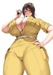 Rule 34 | 1girl, absurdres, belt, black hair, breasts, brown eyes, cleavage, closed mouth, commentary request, curvy, from behind, hair between eyes, hakai shin, hand on own hip, highres, holding, huge breasts, jumpsuit, looking at viewer, looking down, original, short sleeves, simple background, smile, solo, standing, thick thighs, thighs, white background, wide hips, yellow jumpsuit