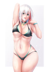 Rule 34 | 1girl, admiral graf spee (azur lane), arm behind head, arm up, azur lane, bikini, blue eyes, blue nails, blush, breasts, commentary request, cowboy shot, hair between eyes, hand on own shoulder, highres, hip focus, looking at viewer, medium breasts, medium hair, midriff, multicolored hair, nail polish, navel, open mouth, oriue wato, red hair, silver hair, solo, streaked hair, swimsuit, thighs, two-tone hair, water, wet