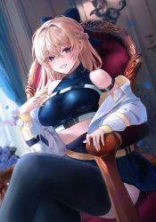 Rule 34 | 1girl, absurdres, armchair, belt, black thighhighs, blonde hair, blue eyes, blue shirt, blue skirt, blush, bow, braid, breasts, chair, clothes pull, crop top, crossed legs, feet out of frame, flower, french braid, grin, hair bow, highres, jacket, jacket pull, long hair, long sleeves, looking at viewer, medium breasts, open clothes, open jacket, open mouth, original, parted lips, petals, polla, shirt, sitting, skirt, smile, solo, teeth, thighhighs, thighs, white jacket