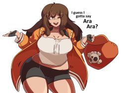 Rule 34 | 1girl, aged up, bike shorts, breasts, brown eyes, brown hair, english text, female focus, guilty gear, hat, highres, hood, hoodie, large breasts, long hair, mature female, may (guilty gear), midriff peek, orange hat, pirate hat, schoolmail, solo, tagme, thighs, white background