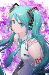 Rule 34 | 1girl, absurdres, arm tattoo, bad id, bad pixiv id, black sleeves, blue eyes, blue hair, blue necktie, character name, closed mouth, collarbone, collared shirt, detached sleeves, floating hair, hair between eyes, hatsune miku, hatsune miku (vocaloid3), headphones, headset, highres, lichiko, long hair, long sleeves, microphone, necktie, shirt, sleeveless, sleeveless shirt, solo, tattoo, twintails, upper body, very long hair, vocaloid, white shirt, wing collar