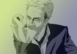 Rule 34 | 1boy, animification, bad id, bad pixiv id, beard stubble, facial hair, formal, gradient background, green theme, gregory house, house m.d., male focus, monochrome, mouth hold, mustache stubble, purple theme, sideburns stubble, solo, stubble