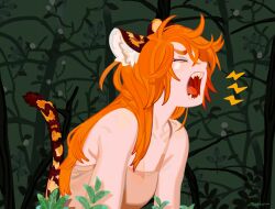 Rule 34 | 1girl, animal ear fluff, animal ears, arms at sides, breasts, brown shirt, cleavage, closed eyes, fang, foliage, forest, furrowed brow, hair over one eye, highres, long hair, medium breasts, memcchi, messy hair, nature, orange hair, original, outdoors, parted hair, sharp teeth, shirt, signature, solo, spaghetti strap, tail, tearing up, teeth, thick eyebrows, tiger ears, tiger girl, tiger tail, tongue, upper body, yawning