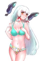 Rule 34 | 10s, 1girl, absurdres, alternate costume, bad id, bad pixiv id, bikini, blunt bangs, blush, breasts, cleavage, collarbone, cowboy shot, green bikini, hair ribbon, hands on own chest, headgear, highres, kantai collection, long hair, looking to the side, murakumo (kancolle), orange eyes, parted lips, polka dot, polka dot bikini, polka dot swimsuit, ribbon, silver hair, simple background, sketch, solo, swimsuit, takio (takiodesu), tress ribbon, very long hair, white background