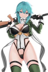 Rule 34 | 1girl, absurdres, alternate breast size, black gloves, blue eyes, blue hair, blue nails, breasts, cameltoe, cleavage, cleft of venus, closed mouth, covered navel, cropped jacket, fingerless gloves, gloves, gluteal fold, green jacket, green thighhighs, gun, hair between eyes, hair ornament, hairclip, highleg, highleg leotard, highres, holding, holding gun, holding weapon, jacket, large breasts, leotard, long sleeves, looking at viewer, nail polish, open clothes, open jacket, outdoors, scarf, serious, short hair, sidelocks, simple background, sinon, skindentation, solo, sword art online, thigh strap, thighhighs, underbust, weapon, white background, white leotard, z.taiga