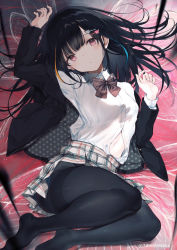 Rule 34 | 1girl, arm up, black hair, black jacket, black pantyhose, blazer, bow, bowtie, collared shirt, expressionless, hair ornament, hairclip, jacket, lying, miniskirt, nanananana, navel, no shoes, on back, open clothes, open jacket, original, pantyhose, partially unbuttoned, pink eyes, plaid, plaid skirt, pleated skirt, school uniform, shirt, shirt tucked in, skirt, solo, white shirt