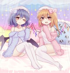 Rule 34 | 2girls, :d, ;), absurdres, alternate costume, bat wings, blue bow, bow, bright pupils, closed mouth, commentary request, crystal, curtains, flandre scarlet, full body, hair bow, hat, highres, indoors, looking at viewer, mob cap, multiple girls, one eye closed, one side up, open mouth, red eyes, remilia scarlet, siblings, sisters, sitting, sleeveless, smile, subaru (subachoco), thighhighs, touhou, white headwear, white pupils, white thighhighs, wings