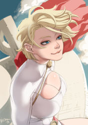 Rule 34 | 1girl, alien, animification, blonde hair, blue eyes, breasts, cape, cleavage, cleavage cutout, clothing cutout, dc comics, kryptonian, large breasts, leotard, light smile, lips, long sleeves, power girl, red cape, ricken, short hair, signature, solo, superman (series)