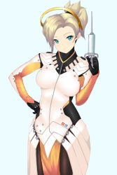 Rule 34 | 1girl, blonde hair, blue background, blue eyes, bodysuit, breasts, brown pantyhose, cowboy shot, halo, hand on own hip, high ponytail, highres, holding, large breasts, light smile, long hair, looking at viewer, mechanical halo, mercy (overwatch), no wings, overwatch, overwatch 1, pantyhose, pelvic curtain, ponytail, simple background, solo, swiss flag, syringe, tonaitoo