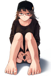Rule 34 | 1girl, badge, barefoot, baseball cap, black hat, black shirt, brown hair, button badge, collarbone, commentary, earrings, english commentary, feet, glasses, hat, highres, jewelry, long hair, long sleeves, mixed-language commentary, original, own hands together, purple eyes, red-framed eyewear, ryuunosuke (luckyneco), shadow, shirt, short shorts, shorts, sitting, solo, white background