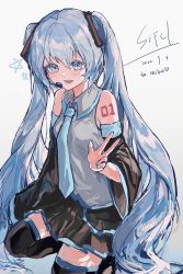 Rule 34 | 1girl, :d, arm at side, black skirt, black sleeves, black thighhighs, blue eyes, blue hair, blue nails, blue necktie, blush, chinese commentary, collared shirt, commentary request, dated, detached sleeves, fingernails, grey shirt, hair between eyes, hair ornament, hand up, hatsune miku, headset, highres, kneeling, long hair, looking at viewer, lower teeth only, luluya709, nail polish, necktie, open mouth, shirt, signature, simple background, sketch, skirt, sleeveless, sleeveless shirt, smile, solo, teeth, thighhighs, twintails, very long hair, vocaloid, w, white background, wide sleeves