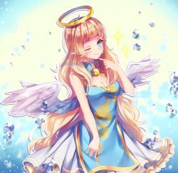 Rule 34 | 1girl, ;), angel, angel wings, artist name, bare shoulders, bell, blonde hair, blue dress, blue eyes, blunt bangs, blush, breasts, cleavage, cowboy shot, dress, eyelashes, feathered wings, feathers, finger to cheek, halo, hand up, highres, jingle bell, long hair, looking at viewer, medium breasts, one eye closed, original, pointy ears, sasucchi95, sleeveless, sleeveless dress, smile, solo, spread wings, very long hair, water drop, white wings, wings