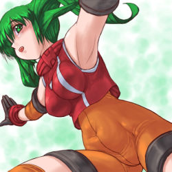 Rule 34 | 00s, 1girl, armpits, blush, bodysuit, breasts, dd (ijigendd), green eyes, green hair, large breasts, long hair, matching hair/eyes, open mouth, outstretched arms, solo, solty rei, solty revant, spandex