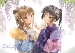 Rule 34 | 2girls, :q, anmi, black hair, blue kimono, blush, brown hair, flower, green eyes, hair flower, hair ornament, hand fan, holding, japanese clothes, kimono, long hair, looking at viewer, looking back, multiple girls, obi, one side up, original, paper fan, parted lips, ponytail, purple kimono, sash, smile, standing, tongue, tongue out, uchiwa