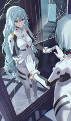 Rule 34 | 1girl, absurdres, ass, ayanami rei, black bodysuit, blue hair, bodysuit, breasts, closed mouth, commentary request, crack, cracked glass, different reflection, evangelion: 3.0+1.0 thrice upon a time, from above, hairpods, hidulume, highres, indoors, interface headset, light blue hair, long hair, looking at mirror, medium breasts, mirror, neon genesis evangelion, pilot suit, plugsuit, rebuild of evangelion, red eyes, reflection, short hair, skin tight, solo, standing, two-tone bodysuit, very long hair, white bodysuit