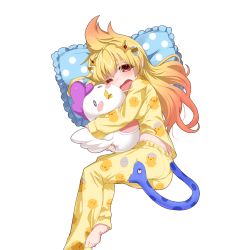 Rule 34 | 1girl, animal print, barefoot, bird, biting, blonde hair, chick print, chicken, feet, gradient hair, highres, kusaka souji, living tail, long hair, long sleeves, multicolored hair, hugging object, official art, one eye closed, open mouth, orange hair, pajamas, pillow, sleeves past wrists, snake, snake head tail, snake tail, soles, solo, tail, tears, toes, transparent background, uchi no hime-sama ga ichiban kawaii, wince, wink
