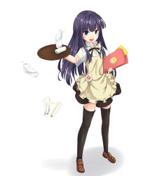 Rule 34 | 1girl, :d, apron, badge, black thighhighs, blue eyes, full body, glass, highres, long hair, looking at viewer, menu, napkin, open mouth, purple hair, shadow, shoes, simple background, skirt, smile, solo, standing, thighhighs, tray, tsurime, waitress, white background, working!!, yamada aoi, zc, zettai ryouiki