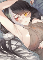 Rule 34 | 1girl, absurdres, armpits, bad id, bad pixiv id, black hair, blush, breasts, girls&#039; frontline, heterochromia, highres, long hair, lying, multicolored hair, on back, red eyes, ro635 (girls&#039; frontline), sleeveless, sleeveless turtleneck, solo, sweater, turtleneck, turtleneck sweater, twintails, white hair, yellow eyes