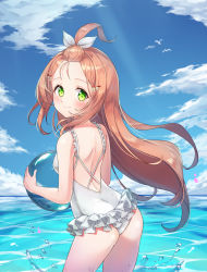 Rule 34 | 1girl, back, ball, bangs pinned back, bare shoulders, beachball, blue sky, blush, breasts, brown hair, caron (straycat910), closed mouth, cloud, commentary request, cowboy shot, floating hair, flower, frilled swimsuit, frills, from behind, green eyes, hair flower, hair ornament, hair ribbon, highres, holding, holding ball, holding beachball, long hair, looking at viewer, one-piece swimsuit, original, outdoors, ribbon, sky, smile, solo, standing, swimsuit, very long hair, wading, white ribbon, white one-piece swimsuit