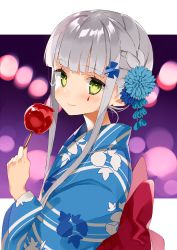 Rule 34 | 1girl, back bow, bad id, bad pixiv id, blue flower, blue kimono, blush, bow, braid, candy apple, closed mouth, commentary request, facial mark, floral print, flower, food, girls&#039; frontline, green eyes, grey hair, hair flower, hair ornament, hand up, hasegawa (rarairairai), highres, hk416 (girls&#039; frontline), holding, holding food, japanese clothes, kimono, long hair, long sleeves, print kimono, red bow, sidelocks, smile, solo, striped clothes, striped kimono, upper body, wide sleeves, yukata