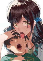 Rule 34 | 1boy, 1girl, age difference, blue nails, blue scrunchie, blush, breath, brown hair, dripping, ear piercing, earrings, eyebrows, facial mark, fingernails, jewelry, kamaboko (ossann0125), licking, licking another&#039;s face, medium hair, nail polish, necklace, necktie, original, piercing, pink lips, saliva, scrunchie, simple background, star (symbol), striped neckwear, teeth, tongue, tongue out, twintails, upper body, white background, yellow eyes
