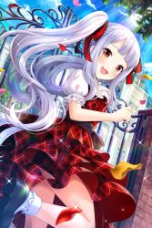 Rule 34 | 1girl, :3, absurdres, alternative girls, black footwear, brown eyes, day, dress, highres, hiiragi tsumugi, long hair, looking at viewer, official art, open mouth, outdoors, petals, red dress, short sleeves, silver hair, smile, solo, twintails, white legwear
