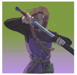 Rule 34 | 1boy, belt bag, belt buckle, black shirt, blue eyes, brown hair, buckle, closed mouth, coat, commentary, dragon quest, dragon quest xi, glint, gradient background, green background, hands up, hero (dq11), holding, holding sheath, holding sword, holding weapon, kmjung1031, long sleeves, looking at viewer, male focus, medium hair, parted bangs, purple background, purple coat, sheath, shirt, shoulder belt, sleeveless, sleeveless coat, solo, sword, two-tone background, unsheathing, upper body, weapon
