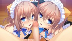 Rule 34 | 1boy, 2girls, artist request, blue eyes, brown hair, censored, character request, game cg, imminent fellatio, looking at viewer, maid, mosaic censoring, multiple girls, penis, pov, siblings, sisters, source request, twins