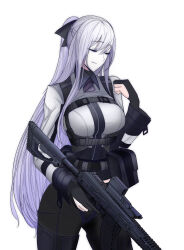 Rule 34 | 1girl, ak-12, ak-12 (girls&#039; frontline), assault rifle, belt, belt pouch, black gloves, closed eyes, eyebrows hidden by hair, girls&#039; frontline, gloves, gun, hair between eyes, highres, holding, holding gun, holding weapon, kalashnikov rifle, long bangs, long hair, long sleeves, ponytail, pouch, rifle, simple background, solo, strap, swavigg, tactical clothes, weapon, white background, white hair
