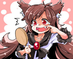 Rule 34 | 1girl, animal ears, blouse, blush, brooch, brown hair, fangs, frilled sleeves, frills, imaizumi kagerou, jewelry, long hair, long sleeves, mirror, mouth pull, open mouth, red eyes, shinapuu, shirt, solo, touhou, very long hair, white shirt, wolf ears