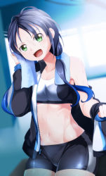 Rule 34 | 1girl, :d, bike shorts, black hair, blue hair, blurry, blurry background, breasts, collarbone, commentary request, cowboy shot, depth of field, gradient background, green eyes, groin, highres, indoors, jacket, kantai collection, long hair, long sleeves, looking at viewer, low twintails, midriff, multicolored hair, navel, off shoulder, open clothes, open jacket, open mouth, single bare shoulder, small breasts, smile, solo, sports bra, stomach, suzukaze (kancolle), sweat, towel, twintails, yasume yukito