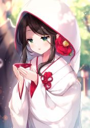 Rule 34 | 1boy, 1girl, black hair, black kimono, blurry, blurry background, commentary request, day, depth of field, flower, green eyes, hair flower, hair ornament, hands up, highres, holding, hood, hood up, irori, japanese clothes, kimono, long hair, long sleeves, looking away, original, outdoors, parted lips, red flower, solo focus, swept bangs, uchikake, upper body, white kimono, wide sleeves