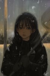 Rule 34 | 1girl, black eyes, black gloves, black hair, coat, forest, gloves, long hair, looking at viewer, nature, night, night sky, original, outdoors, parted lips, shovel, sky, snow, snow shovel, snowing, solo, winter clothes, winter coat, yureru (junn7603)