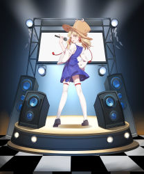 Rule 34 | 1girl, absurdres, aibivy, black footwear, blonde hair, blue skirt, blue vest, brown hat, checkered floor, from behind, hair ribbon, hand on own hip, hat, highres, holding, holding microphone, legs apart, long hair, looking at viewer, looking back, microphone, miniskirt, moriya suwako, red ribbon, ribbon, shide, shirt, shoes, skirt, skirt set, smile, solo, speaker, stage, standing, thighhighs, touhou, tress ribbon, vest, white shirt, white thighhighs, wide sleeves, yellow eyes