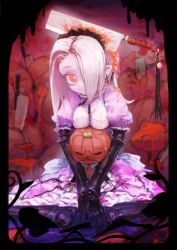 Rule 34 | 1boy, 1girl, blood, blurry, blurry background, breast rest, breasts, breasts on head, bright pupils, cleaver, doll joints, dress, earrings, frills, hair over one eye, halloween, highres, jack-o&#039;-lantern, jewelry, joints, knife, lolita fashion, looking at viewer, maid headdress, mallet, medium breasts, mini person, miniboy, original, pale skin, parted hair, pointy ears, puffy short sleeves, puffy sleeves, pumpkin, pumpkin head, purple dress, red eyes, seuu2501, short sleeves, smile, sweatdrop, v arms, white hair, white pupils
