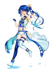 Rule 34 | 1girl, blue hair, blush, choker, fingerless gloves, gloves, highres, keita (tundereyuina), long hair, looking at viewer, midriff, monocle, open mouth, original, short shorts, shorts, side ponytail, smile, solo, thighhighs, yellow eyes